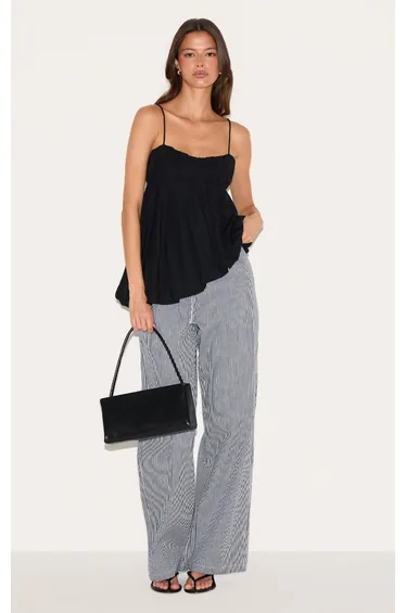 Black Linen Blend Puff Ball Asymmetric Cami