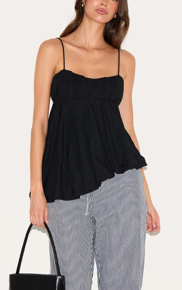 Black Linen Blend Puff Ball Asymmetric Cami - 3