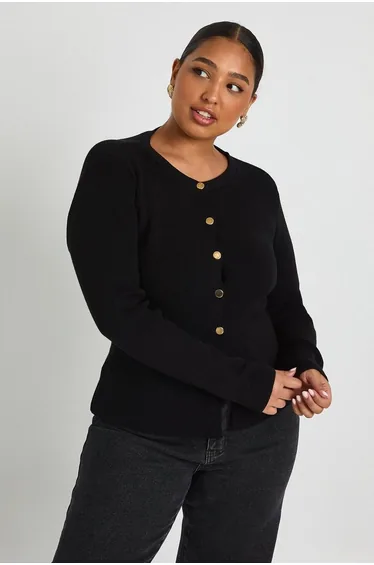 Plus Gold Button Crew Neck Peplum Cardigan - black