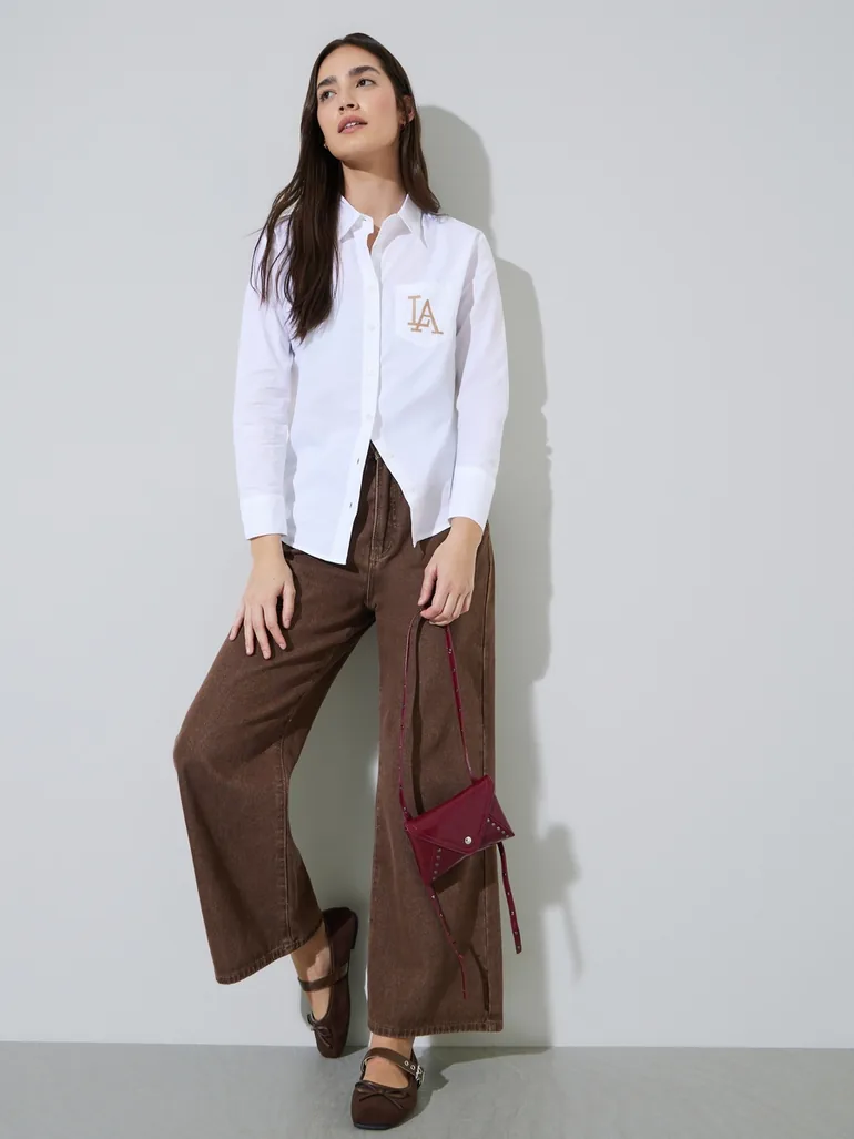 Off White Solid Embroidered Chest Pocket Relaxed Fit Shirt - 1