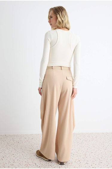 Stone Plain Wide Leg Pleated Double Belt Detailed Wide Leg Long Crepe Knitted Trousers product thumbnail 3