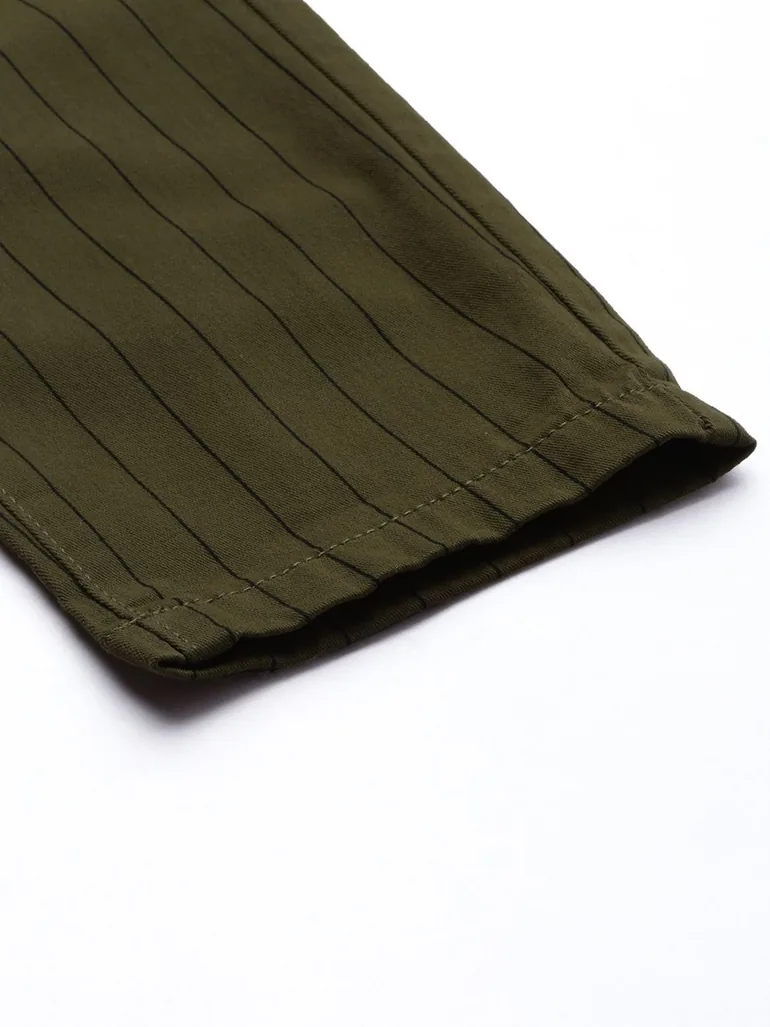 Men Olive Green Slim Fit Striped Chinos - 5