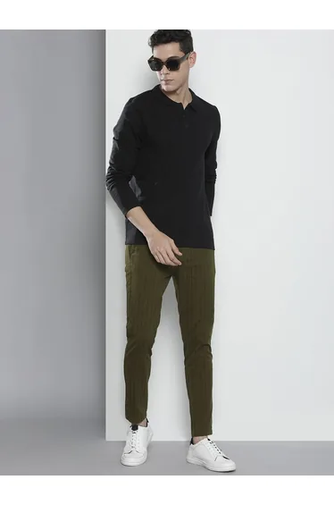 Men Olive Green Slim Fit Striped Chinos