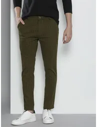 Men Olive Green Slim Fit Striped Chinos - 1