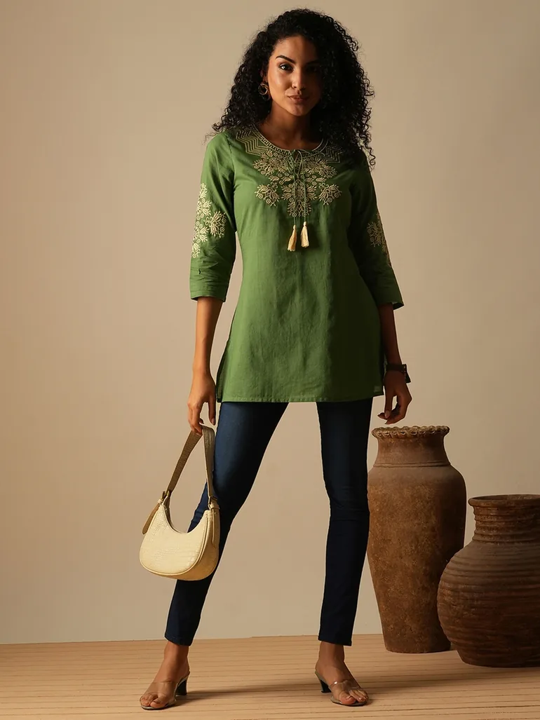 Tie-Up Neck Embroidered Yoke Workwear Tunic