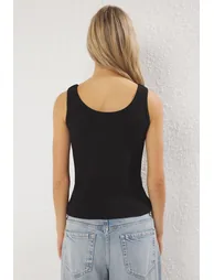 Black Embroidered Fitted/Body-Sit Pool Neck Ribbed Flexible Knitted Undershirt - 3