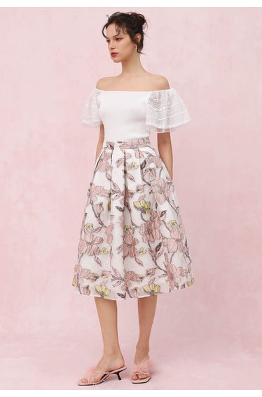 Cutwork Lace Flutter Sleeves Spliced Knit Top in White product thumbnail 3