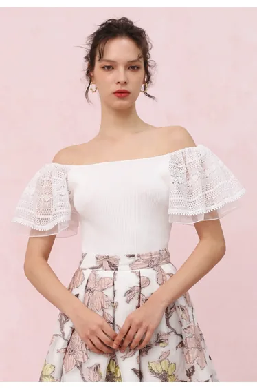 Cutwork Lace Flutter Sleeves Spliced Knit Top in White