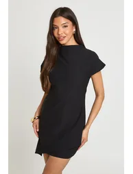 Cap Sleeve Double Layer Asym Hem Tshirt Dress - black