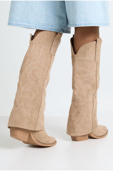 Faux Suede Embroidered Fold Over Western Boots - taupe product thumbnail 2