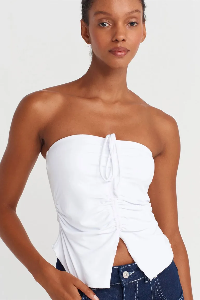 Dilvin Women’s Strapless Crop Blouse With Tie Detail - 3