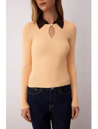 Light Orange Mercerized Look Premium Yarn/Special Yarn Polo Neck Knitwear Sweater - 2