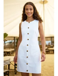 Yumi White Viscose Button Detail Shift Dress - 5