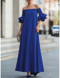 Half Sleeves Loose Solid Color Off-The-Shoulder Maxi Dresses