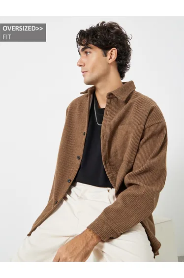 Men Brown Corduroy Jacket with Buttons