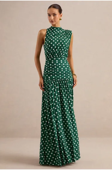 Green Polka-Dot High-Neck Maxi Dress With Draped Detailing