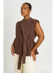 Plus Cotton Twill High Neck Wrap Top - chocolate - 2