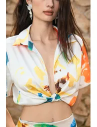 Satin Ruched Tie Front Short-Sleeve Shirt - 2