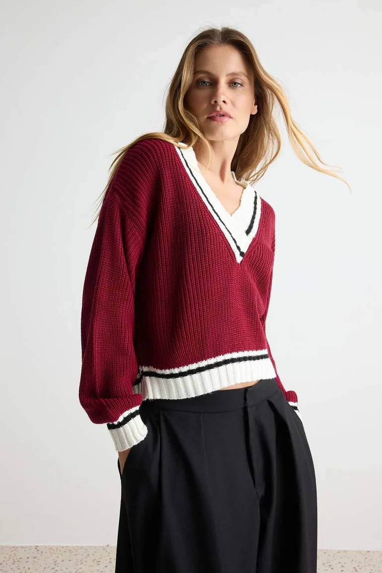 Red V-Neck College Themed Knitwear Sweater