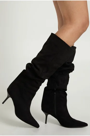 Faux Suede Slouchy Low Stiletto Knee High Boots - black