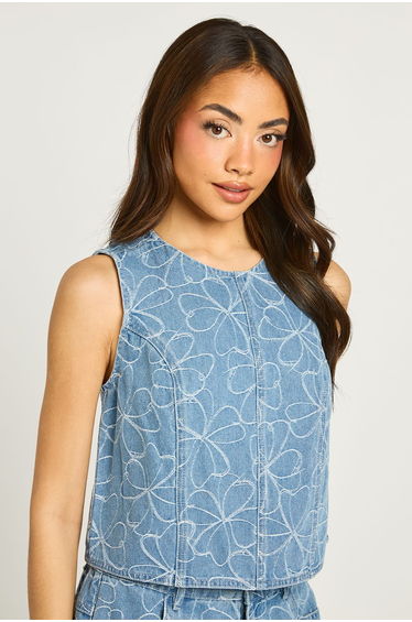 Floral Denim Vest Top - mid wash product thumbnail 4