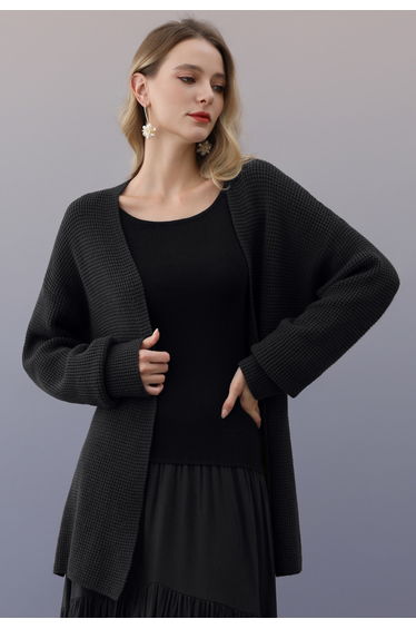 Modern Purity Waffle Texture Belted Knit Cardigan in Black product thumbnail 2