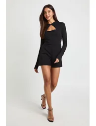 Jersey Crepe High Neck Playsuit - black