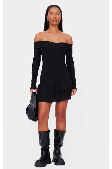 Black Ribbed Bardot Cross Over Bust Detail Shift Dress