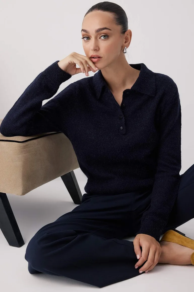 Navy Blue Alpaca Wool Blend Premium/Special Yarn Knitwear Sweater - 3