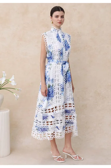 Blue Hydrangea Printed Cutwork Lace Trim Sleeveless Midi Dress