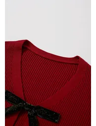 Shimmery Velvet Tie Front Crop Knit Cardigan in Red - 5