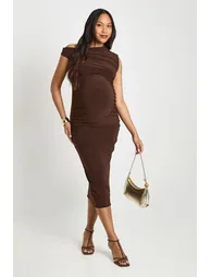 Maternity Double Slinky Bardot Ruched Midi Dress - chocolate