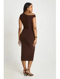 Maternity Double Slinky Bardot Ruched Midi Dress - chocolate - 1