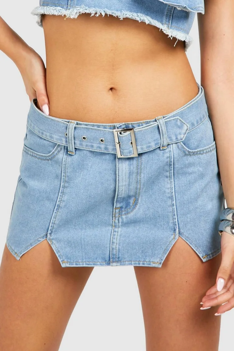 Notch Detail Buckle Belt Denim Micro Mini Skirt - light blue - 3