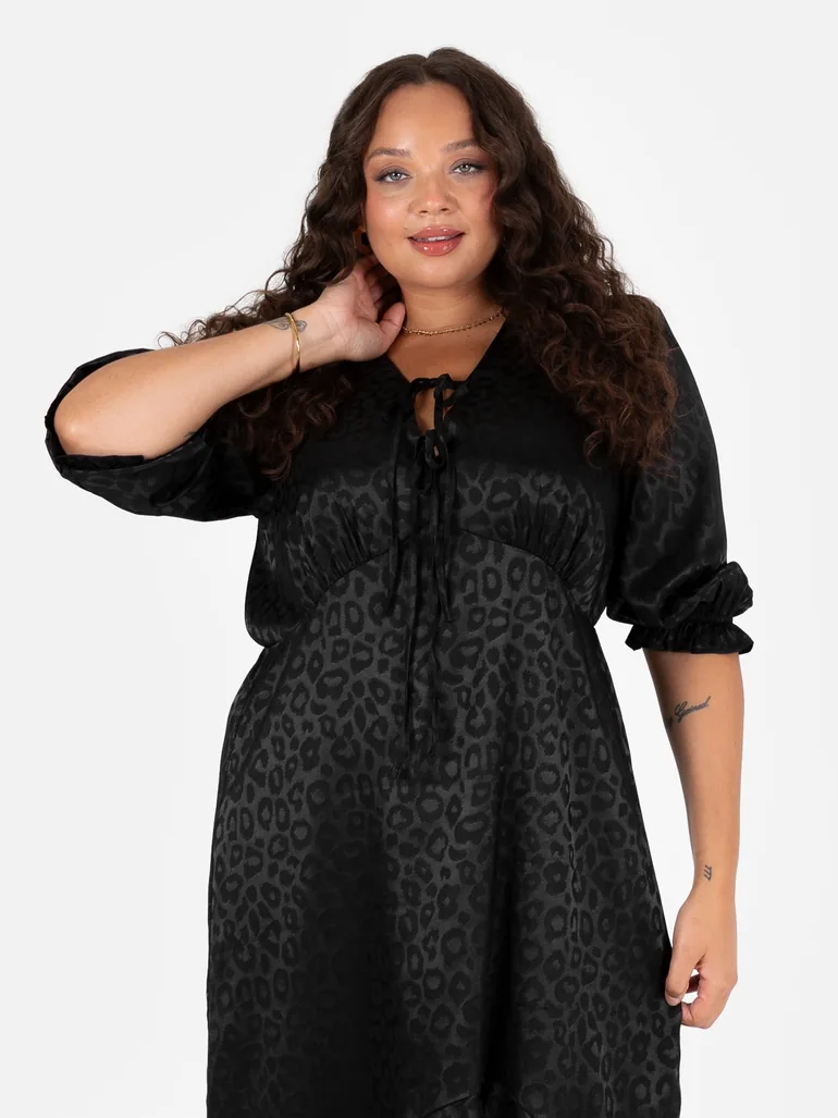 Lovedrobe Black Animal Jacquard Tie Neck High-Low Hem Dress - 1