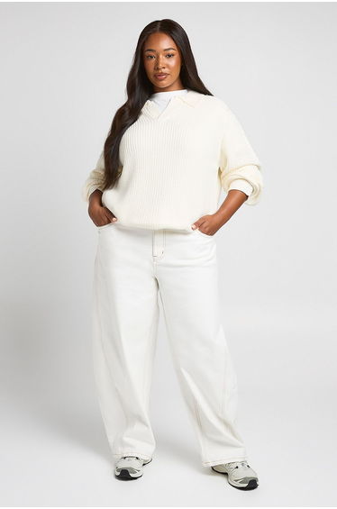 Plus Chunky Knit Collared V Neck Jumper - cream