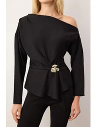Black Accessory Detailed Off Shoulder Woven top - 2