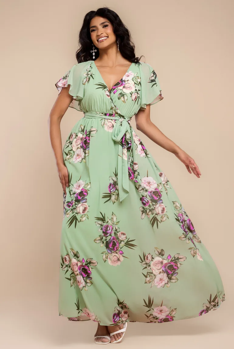 Sustainable Printed Flutter Sleeve Maxi Dress - Duck Egg by Goddiva