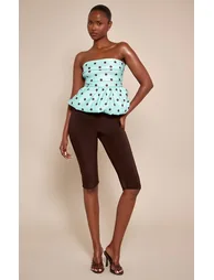 Mint Polka Dot Stretch Woven Puffball Hem Bandeau Top