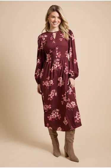 Berry Floral Blouson Sleeve Printed Keyhole Midi Dress