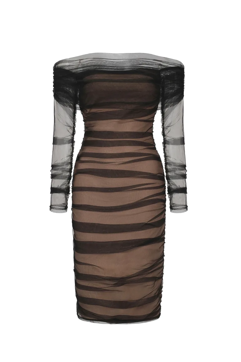 Rna Ruched Mesh Bandage Midi Dress - Black - 6