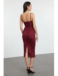 Burgundy Knitted Lined Lace Midi - 1