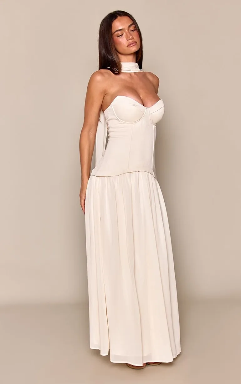 Cream Corset Overlay Pleated Hem Maxi Dress