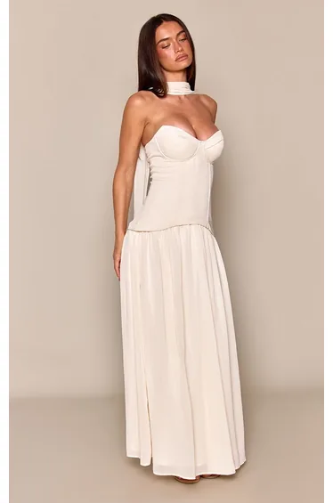 Cream Corset Overlay Pleated Hem Maxi Dress