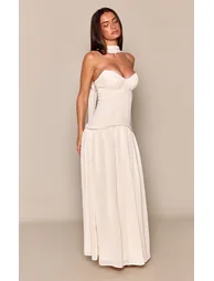 Cream Corset Overlay Pleated Hem Maxi Dress