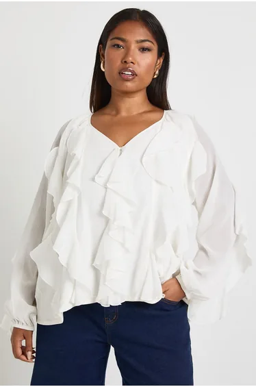 Plus Extreme Ruffle Tie Front Blouse - cream