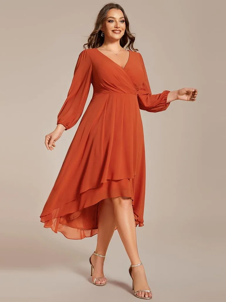 pretty BRIAR|Plus Size Chiffon A-Line 3/4 Sleeves Asymmetrical Hem Wedding Guest Dress - 4