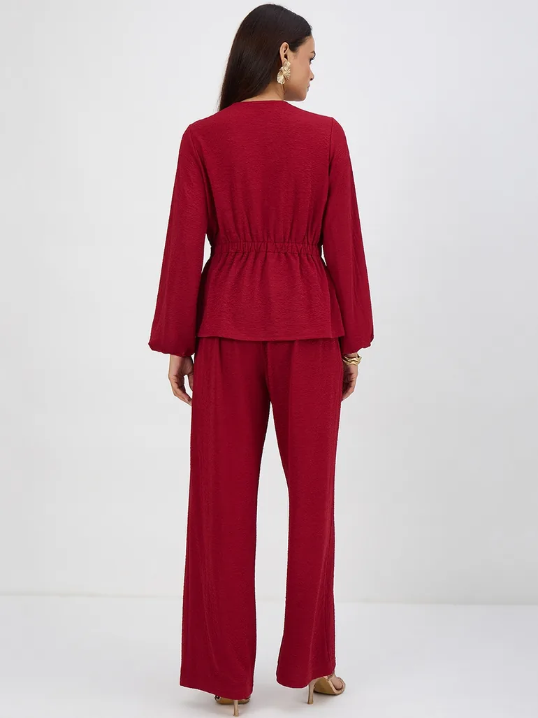 Women Red Textured Wrap Top with Pants Co-Ord - 1