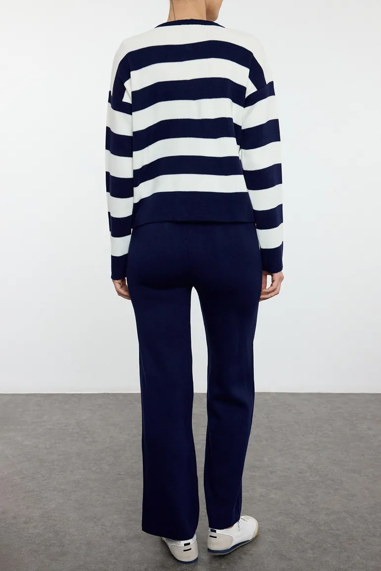 Navy Blue Striped Trouser Knit Top-Bottom Set - 3