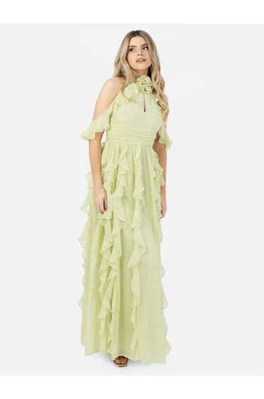 Anaya With Love Recycled Spring Green Cold Shoulder Waterfall Ruffle Maxi Dress